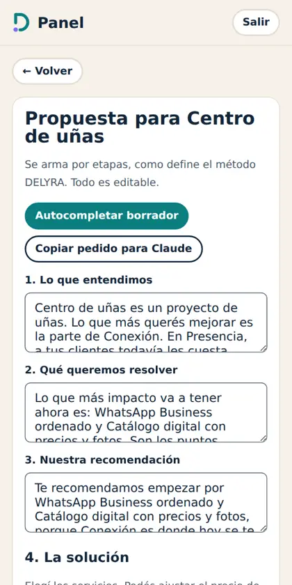 Panel comercial con una propuesta armada automáticamente